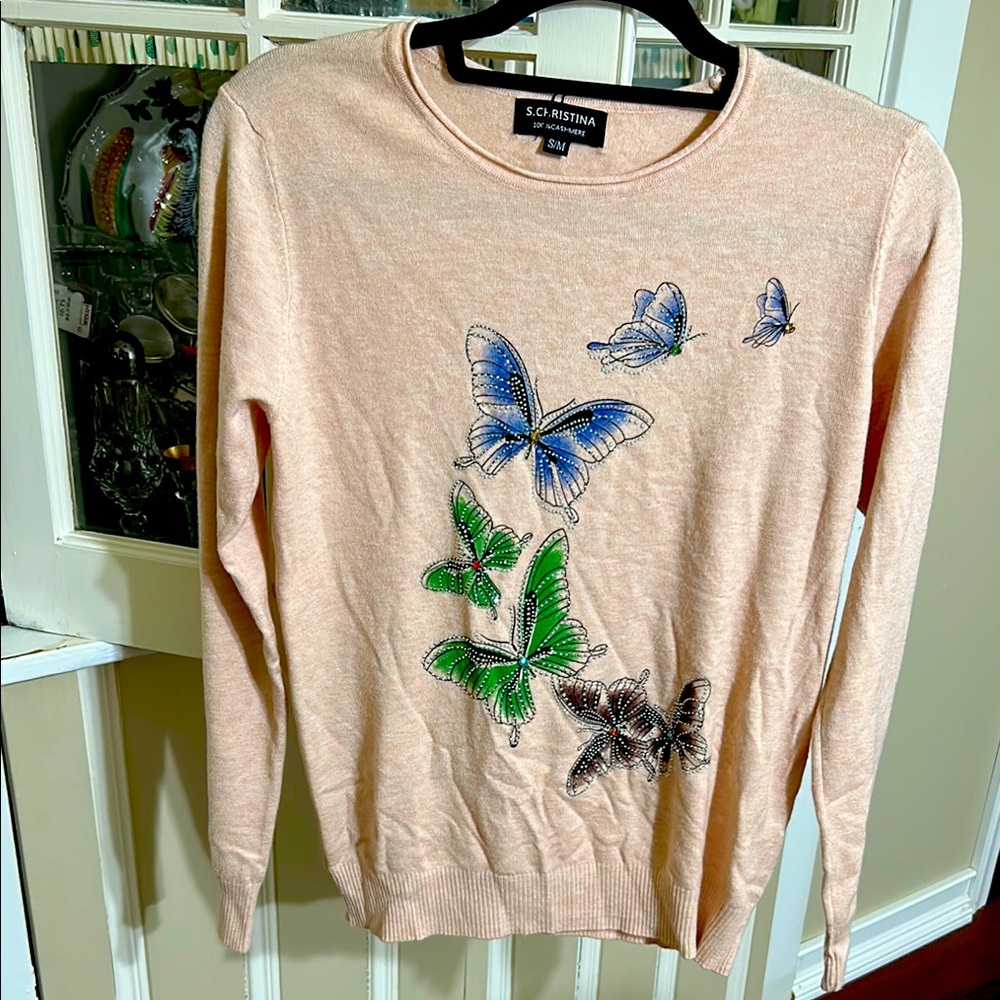 S.C. Kristina Butterfly Embroidered cashmere Sweater - Cream and Multicolor S/M